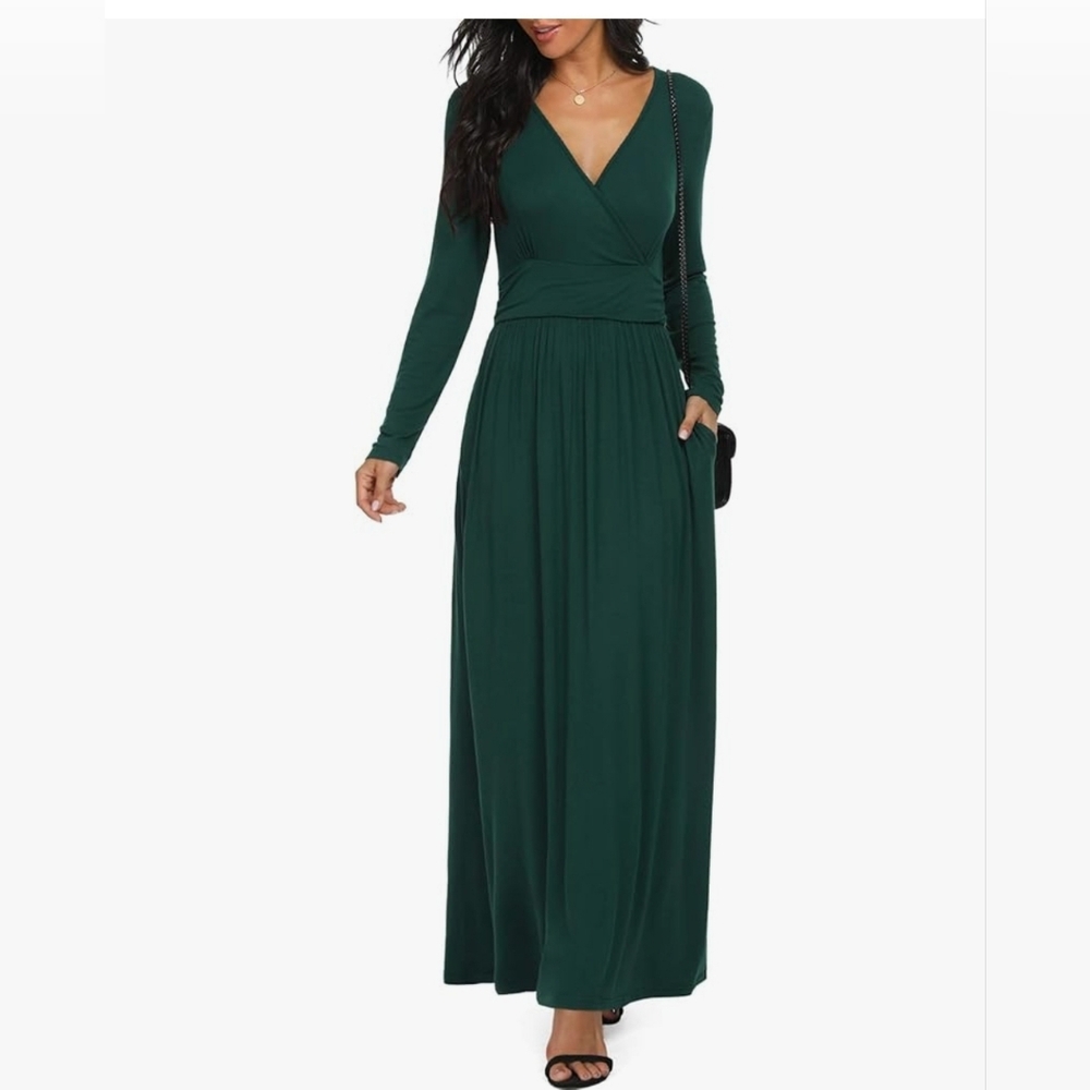 OUGES Womens Long Sleeve Dark Green Maxi Wrap Dress Size Large